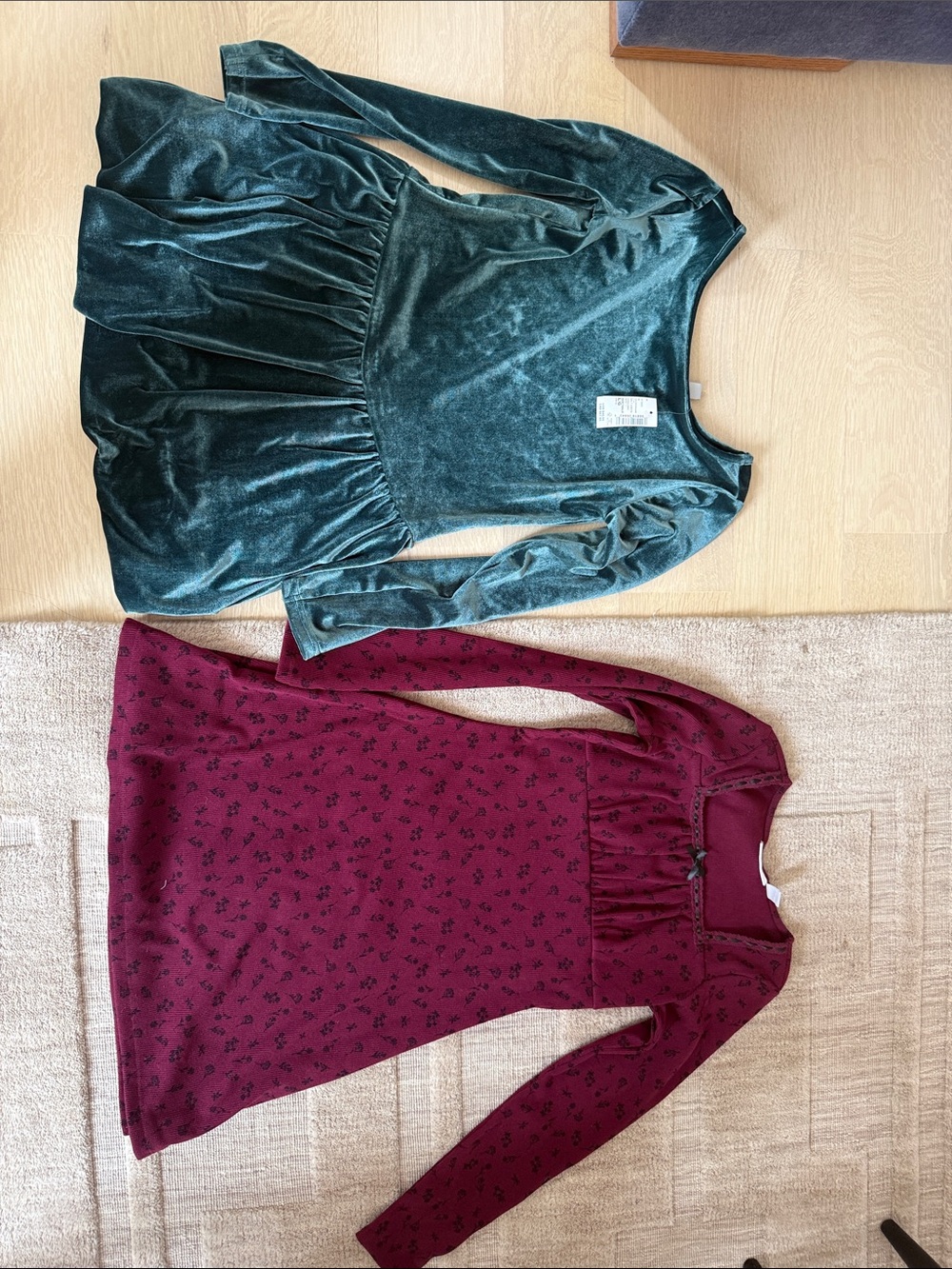 The Children's Place Velvet Peplum Tunic in Dark Green & Floral Burgundy Dress